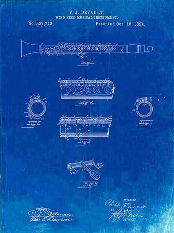 PP768-Faded Blueprint Clarinet 1894 Patent Poster White Modern Wood Framed Art Print with Double Matting by Borders, Cole