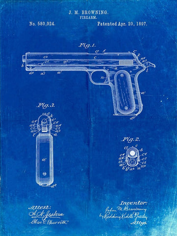 PP770-Faded Blueprint Colt Automatic Pistol of 1900 Patent Poster White Modern Wood Framed Art Print with Double Matting by Borders, Cole