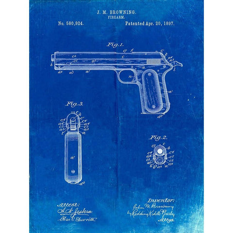 PP770-Faded Blueprint Colt Automatic Pistol of 1900 Patent Poster Black Modern Wood Framed Art Print with Double Matting by Borders, Cole