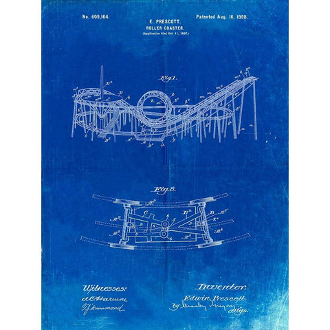 PP772-Faded Blueprint Coney Island Loop the Loop Roller Coaster Patent Poster Gold Ornate Wood Framed Art Print with Double Matting by Borders, Cole