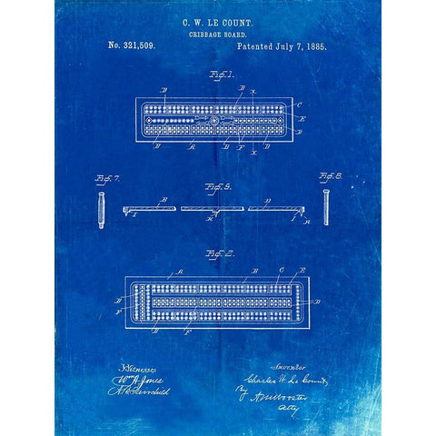 PP776-Faded Blueprint Cribbage Board 1885 Patent Poster Gold Ornate Wood Framed Art Print with Double Matting by Borders, Cole