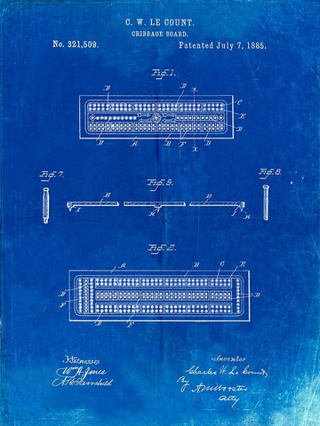 PP776-Faded Blueprint Cribbage Board 1885 Patent Poster White Modern Wood Framed Art Print with Double Matting by Borders, Cole