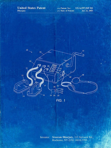 PP778-Faded Blueprint Defibrillator Patent Poster Black Ornate Wood Framed Art Print with Double Matting by Borders, Cole