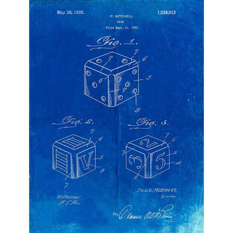 PP781-Faded Blueprint Dice 1923 Patent Poster White Modern Wood Framed Art Print by Borders, Cole