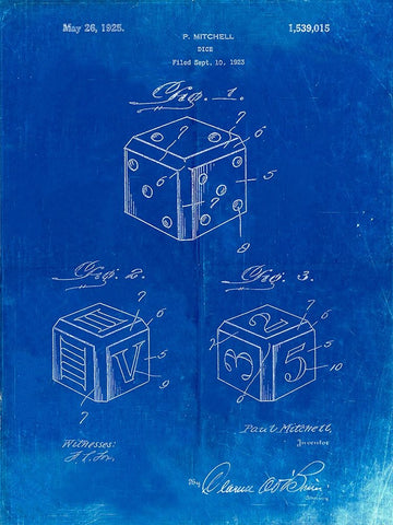 PP781-Faded Blueprint Dice 1923 Patent Poster White Modern Wood Framed Art Print with Double Matting by Borders, Cole