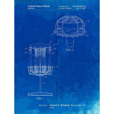 PP782-Faded Blueprint Disc Golf Basket Patent Poster White Modern Wood Framed Art Print by Borders, Cole