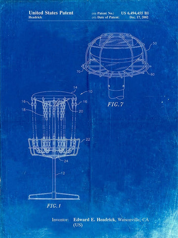 PP782-Faded Blueprint Disc Golf Basket Patent Poster Black Ornate Wood Framed Art Print with Double Matting by Borders, Cole