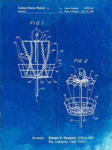 PP783-Faded Blueprint Disk Golf Basket 1988 Patent Poster White Modern Wood Framed Art Print with Double Matting by Borders, Cole