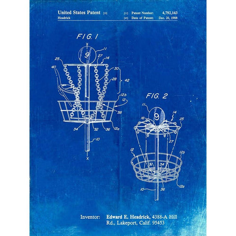 PP783-Faded Blueprint Disk Golf Basket 1988 Patent Poster White Modern Wood Framed Art Print by Borders, Cole