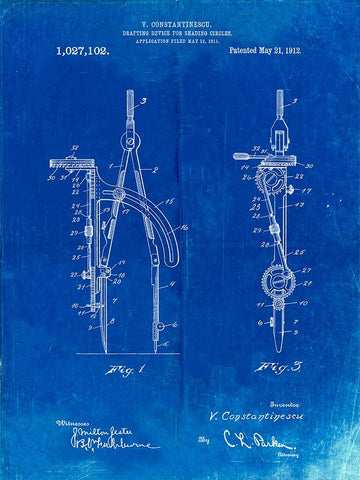 PP785-Faded Blueprint Drafting Compass 1912 Patent Poster Black Ornate Wood Framed Art Print with Double Matting by Borders, Cole