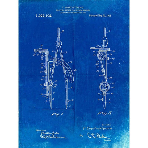 PP785-Faded Blueprint Drafting Compass 1912 Patent Poster Black Modern Wood Framed Art Print by Borders, Cole
