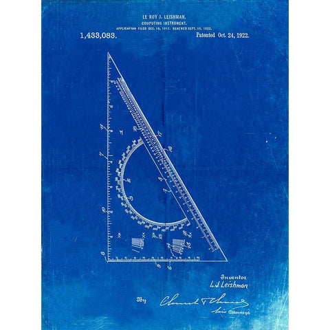 PP786-Faded Blueprint Drafting Triangle 1922 Patent Poster Gold Ornate Wood Framed Art Print with Double Matting by Borders, Cole