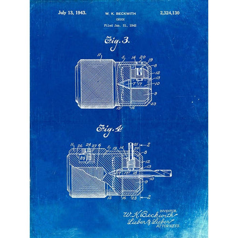 PP787-Faded Blueprint Drill Chuck 1943 Patent Poster Black Modern Wood Framed Art Print by Borders, Cole