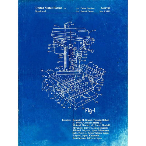 PP788-Faded Blueprint Drill Press Patent Poster Black Modern Wood Framed Art Print by Borders, Cole