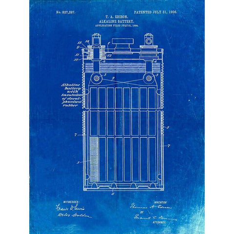 PP792-Faded Blueprint Edison Alkaline Battery Art Gold Ornate Wood Framed Art Print with Double Matting by Borders, Cole