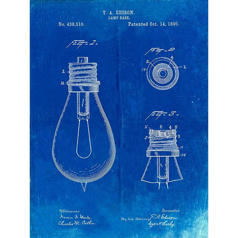 PP796-Faded Blueprint Edison Lamp Base Patent Print White Modern Wood Framed Art Print by Borders, Cole