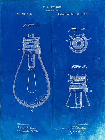 PP796-Faded Blueprint Edison Lamp Base Patent Print White Modern Wood Framed Art Print with Double Matting by Borders, Cole