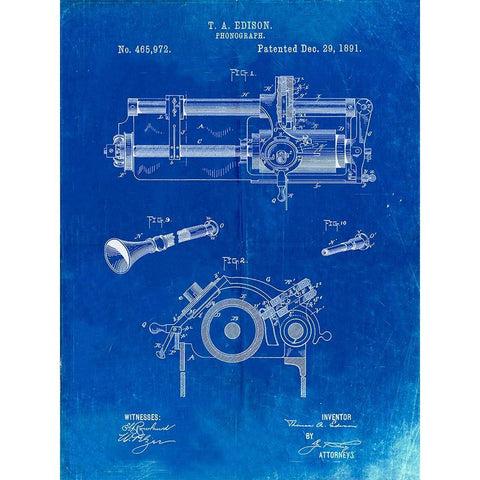 PP798-Faded Blueprint Edison Phonograph Patent Poster Black Modern Wood Framed Art Print with Double Matting by Borders, Cole