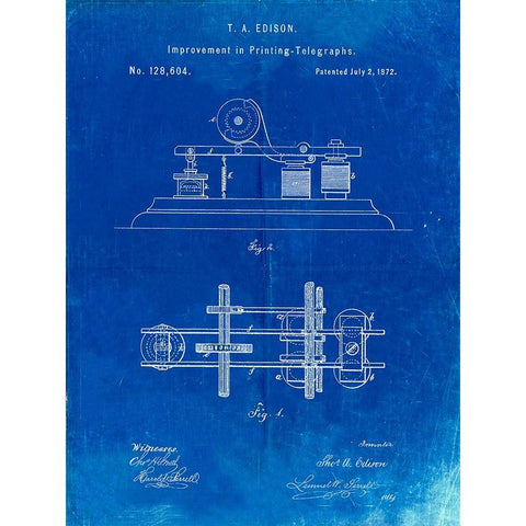 PP799-Faded Blueprint Edison Printing Telegraph Patent Art Black Modern Wood Framed Art Print with Double Matting by Borders, Cole