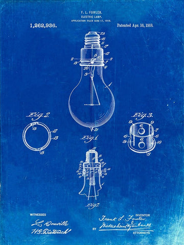 PP800-Faded Blueprint Electric Lamp Patent Poster White Modern Wood Framed Art Print with Double Matting by Borders, Cole