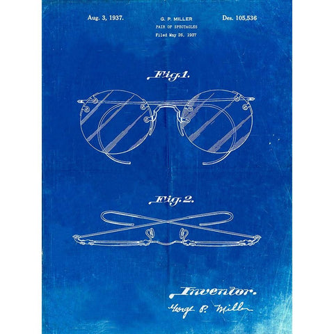 PP803-Faded Blueprint Eyeglasses Spectacles Patent Art Gold Ornate Wood Framed Art Print with Double Matting by Borders, Cole