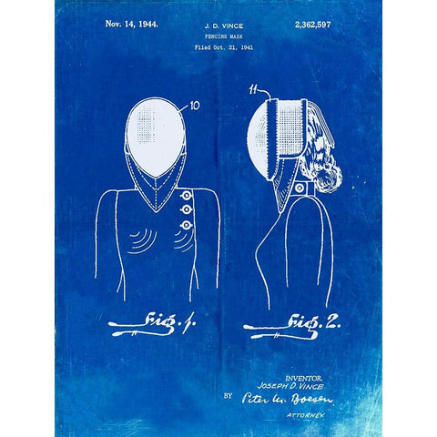 PP805-Faded Blueprint Fencing Mask Patent Poster Black Modern Wood Framed Art Print with Double Matting by Borders, Cole