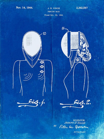 PP805-Faded Blueprint Fencing Mask Patent Poster Black Ornate Wood Framed Art Print with Double Matting by Borders, Cole