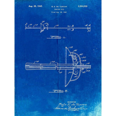 PP806-Faded Blueprint Fencing Sword Patent Poster White Modern Wood Framed Art Print by Borders, Cole