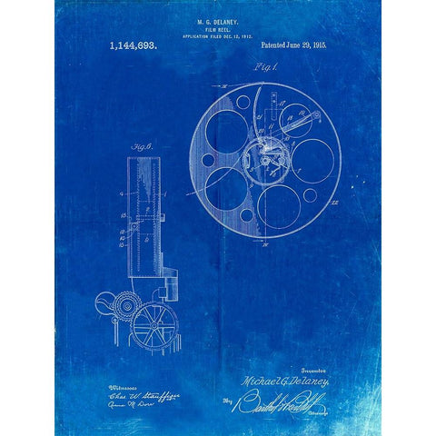 PP807-Faded Blueprint Film Reel 1915 Patent Poster Gold Ornate Wood Framed Art Print with Double Matting by Borders, Cole