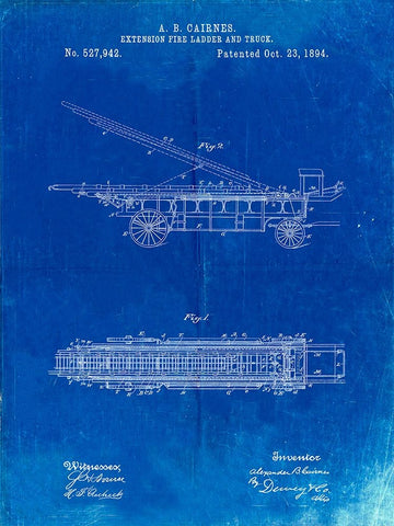 PP808-Faded Blueprint Fire Extension Ladder 1894 Patent Poster White Modern Wood Framed Art Print with Double Matting by Borders, Cole