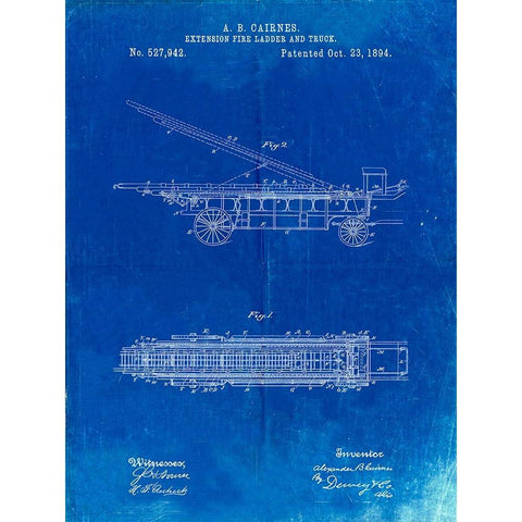 PP808-Faded Blueprint Fire Extension Ladder 1894 Patent Poster White Modern Wood Framed Art Print by Borders, Cole