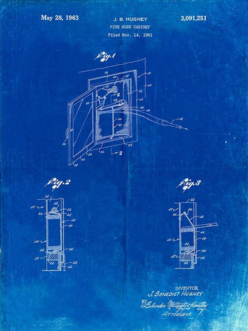 PP809-Faded Blueprint Fire Hose Cabinet 1961 Patent Poster White Modern Wood Framed Art Print with Double Matting by Borders, Cole