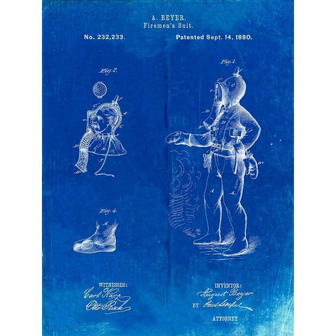 PP811-Faded Blueprint Firefighter Suit 1880 Patent Poster White Modern Wood Framed Art Print by Borders, Cole