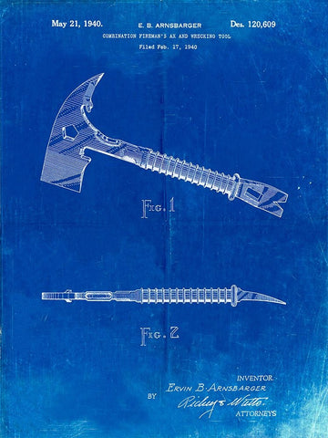 PP812-Faded Blueprint Firemans Axe 1940 Patent Poster White Modern Wood Framed Art Print with Double Matting by Borders, Cole
