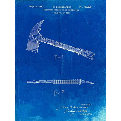 PP812-Faded Blueprint Firemans Axe 1940 Patent Poster White Modern Wood Framed Art Print by Borders, Cole