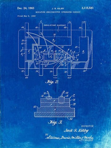 PP813-Faded Blueprint First Integrated Circuit Patent Poster Black Ornate Wood Framed Art Print with Double Matting by Borders, Cole