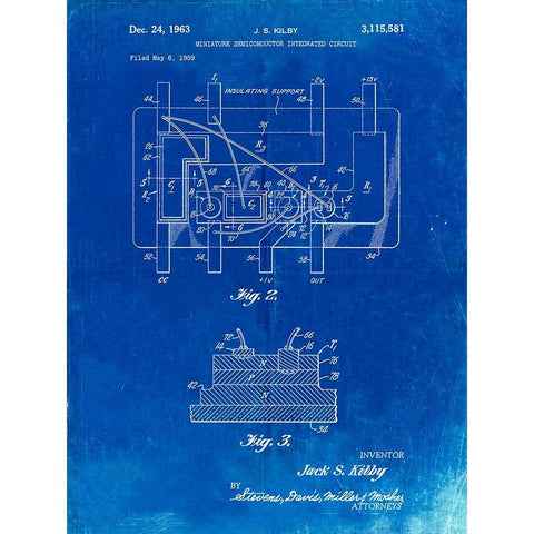 PP813-Faded Blueprint First Integrated Circuit Patent Poster Black Modern Wood Framed Art Print by Borders, Cole