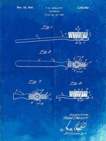 PP815-Faded Blueprint First Toothbrush Patent Poster White Modern Wood Framed Art Print with Double Matting by Borders, Cole