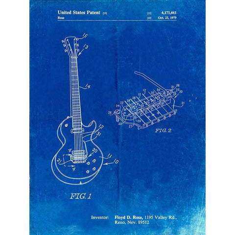 PP818-Faded Blueprint Floyd Rose Guitar Tremolo Patent Poster White Modern Wood Framed Art Print by Borders, Cole