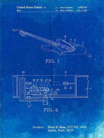 PP819-Faded Blueprint Floyd Rose Tremolo Patent Poster Black Ornate Wood Framed Art Print with Double Matting by Borders, Cole