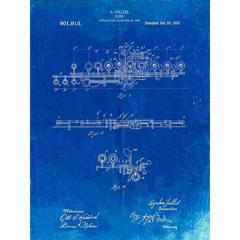 PP820-Faded Blueprint Flute 1908 Patent Poster Black Modern Wood Framed Art Print with Double Matting by Borders, Cole