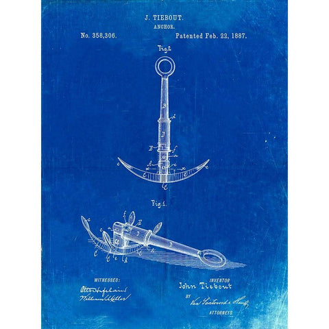 PP821-Faded Blueprint Folding Grapnel Anchor Patent Poster Black Modern Wood Framed Art Print with Double Matting by Borders, Cole