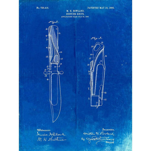 PP822-Faded Blueprint Folding Hunting Knife 1902 Patent Poster White Modern Wood Framed Art Print by Borders, Cole