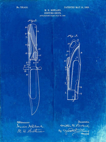 PP822-Faded Blueprint Folding Hunting Knife 1902 Patent Poster White Modern Wood Framed Art Print with Double Matting by Borders, Cole