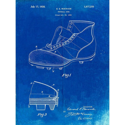 PP823-Faded Blueprint Football Cleat 1928 Patent Poster Black Modern Wood Framed Art Print with Double Matting by Borders, Cole