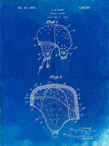 PP827-Faded Blueprint Football Helmet Patent 1922 Wall Art Poster White Modern Wood Framed Art Print with Double Matting by Borders, Cole