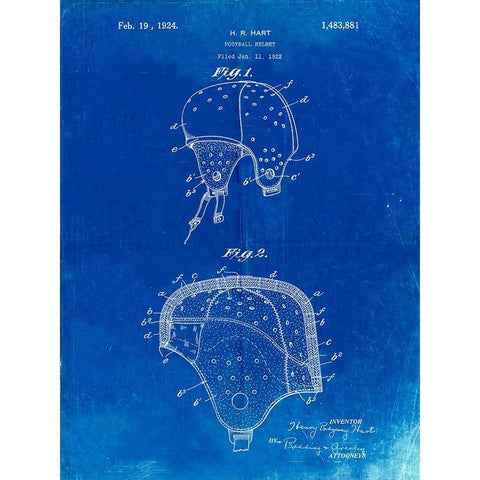 PP827-Faded Blueprint Football Helmet Patent 1922 Wall Art Poster White Modern Wood Framed Art Print by Borders, Cole