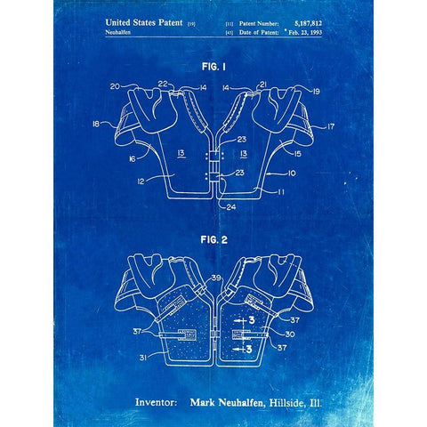 PP829-Faded Blueprint Football Shoulder Pads Patent Gold Ornate Wood Framed Art Print with Double Matting by Borders, Cole