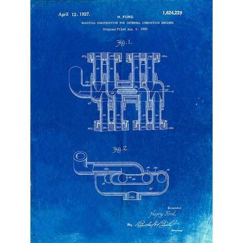 PP832-Faded Blueprint Ford Car Manifold 1920 Patent Poster White Modern Wood Framed Art Print by Borders, Cole