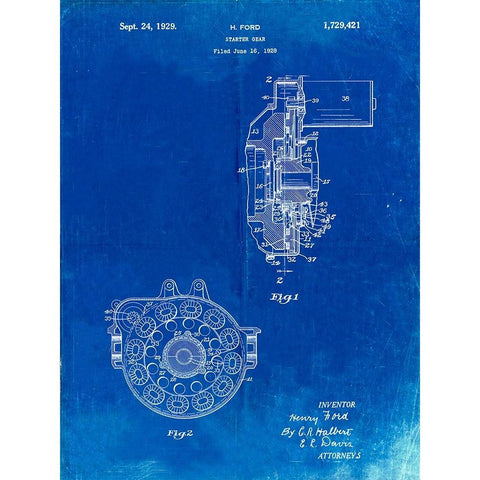 PP833-Faded Blueprint Ford Car Starter Gear 1928 Patent Poster Gold Ornate Wood Framed Art Print with Double Matting by Borders, Cole